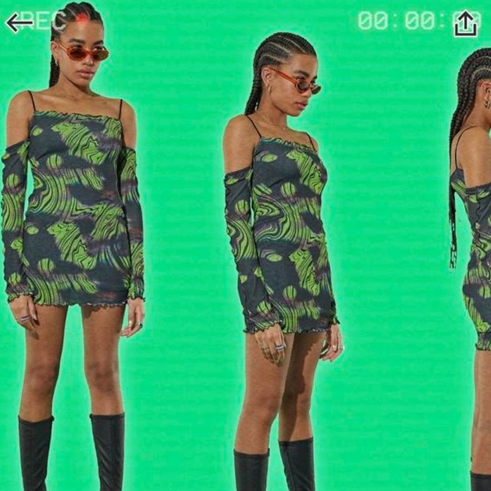 Collusion at ASOS Printed Mesh Double Layered Cold Shoulder Mini Dress